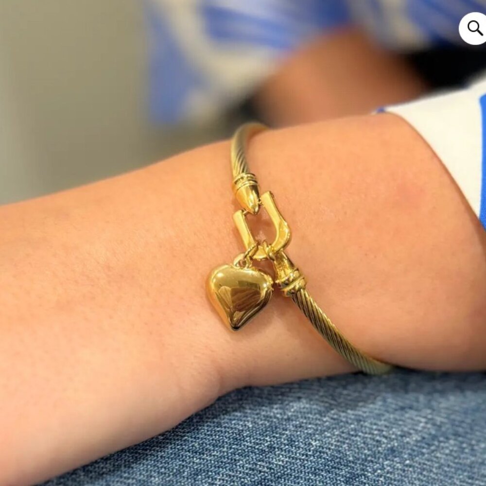 Puff Heart 18k Gold Plated Stainless Steel Cable Clasp Bracelet